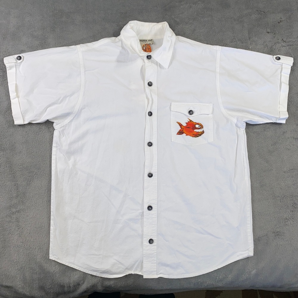Pirana‎ Joe Button Up Shirt Mens L White Piranha Graphic Harbour Island Bahamas